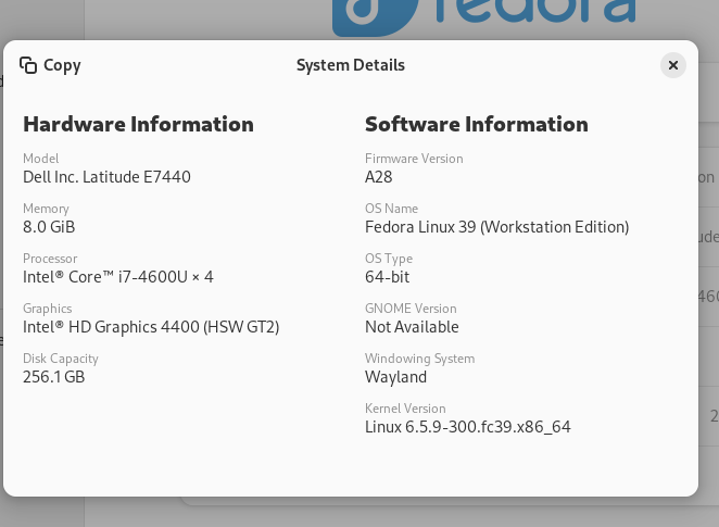 Fedora desktop screenshot: 39 systeminfo
