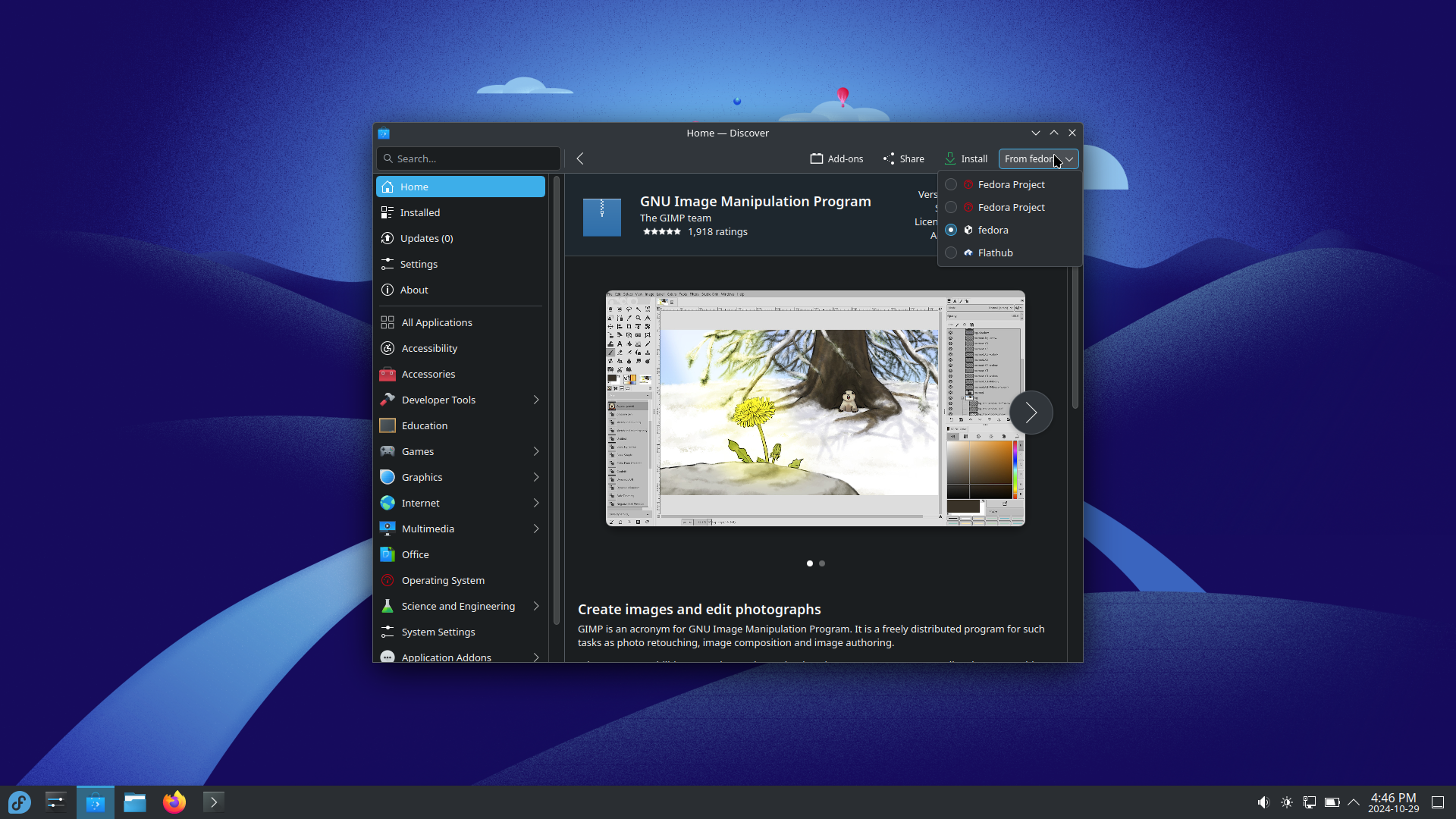 Fedora desktop screenshot: 41 discover