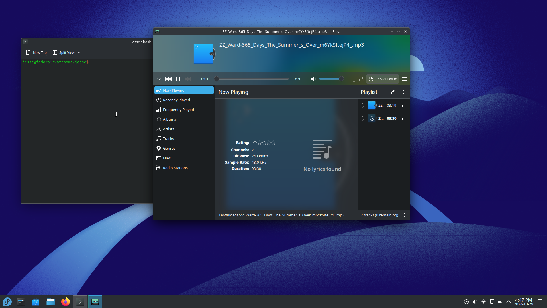 Fedora desktop screenshot: 41 music
