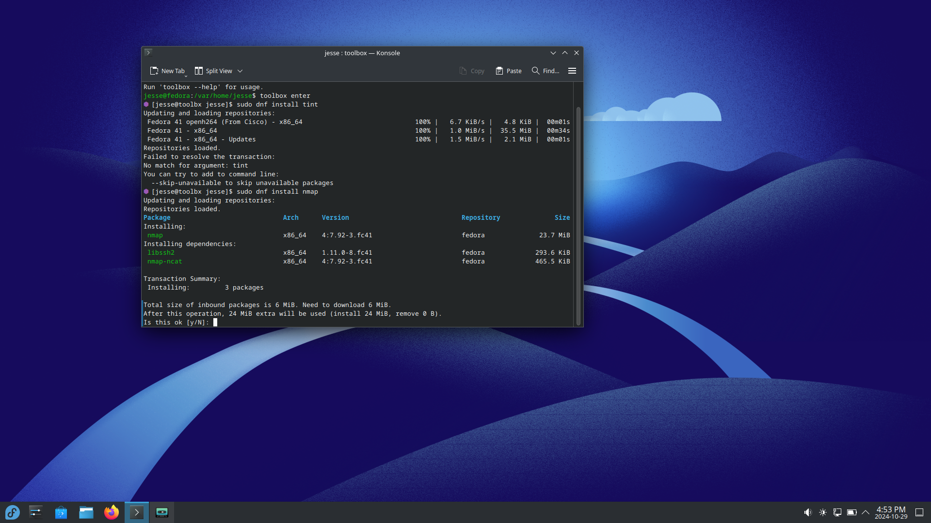 Fedora desktop screenshot: 41 toolbox