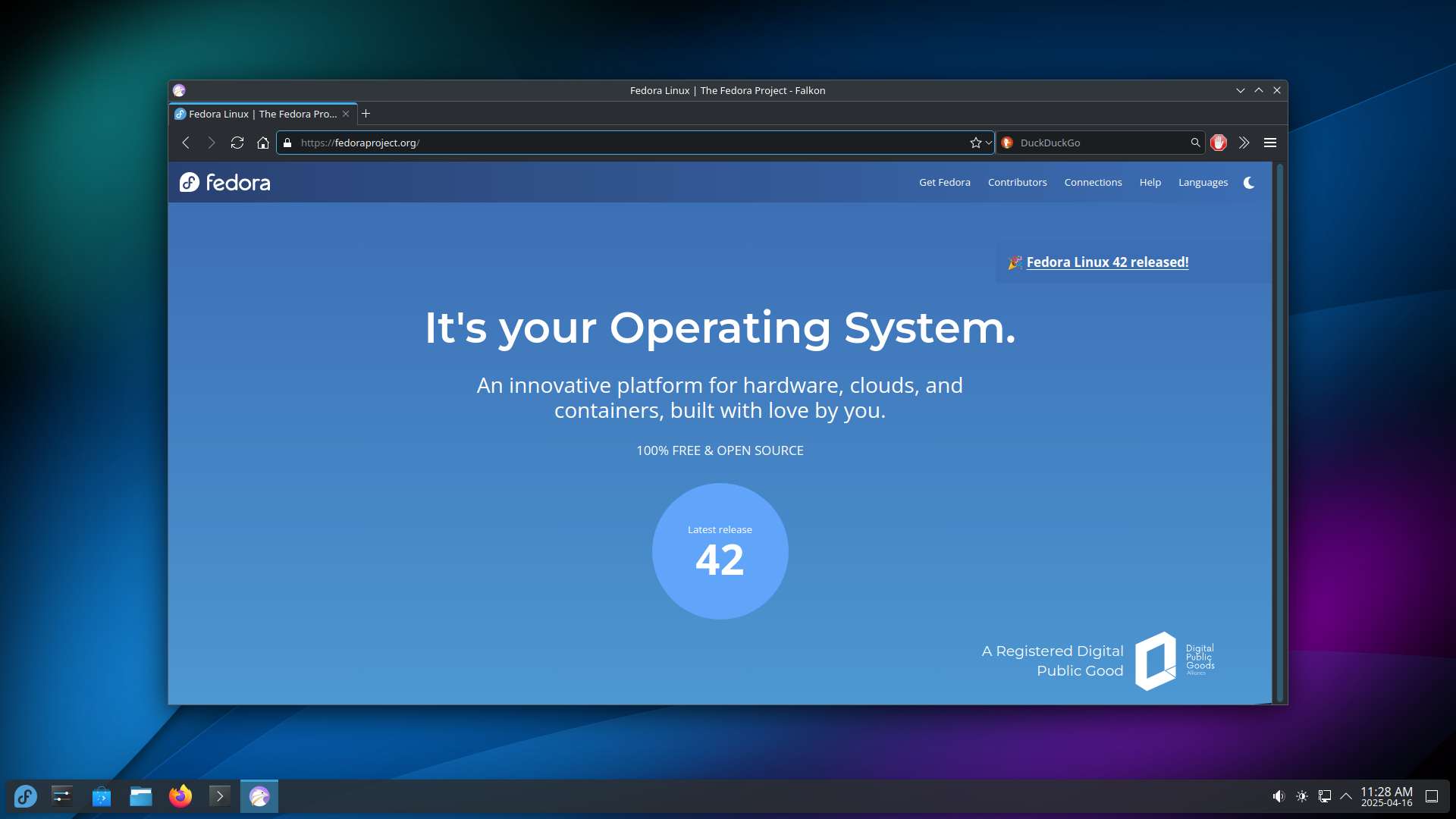 Fedora desktop screenshot: 42 falkon