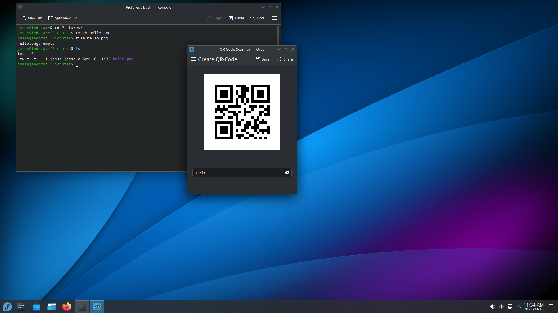 Fedora desktop screenshot: 42 qr panel
