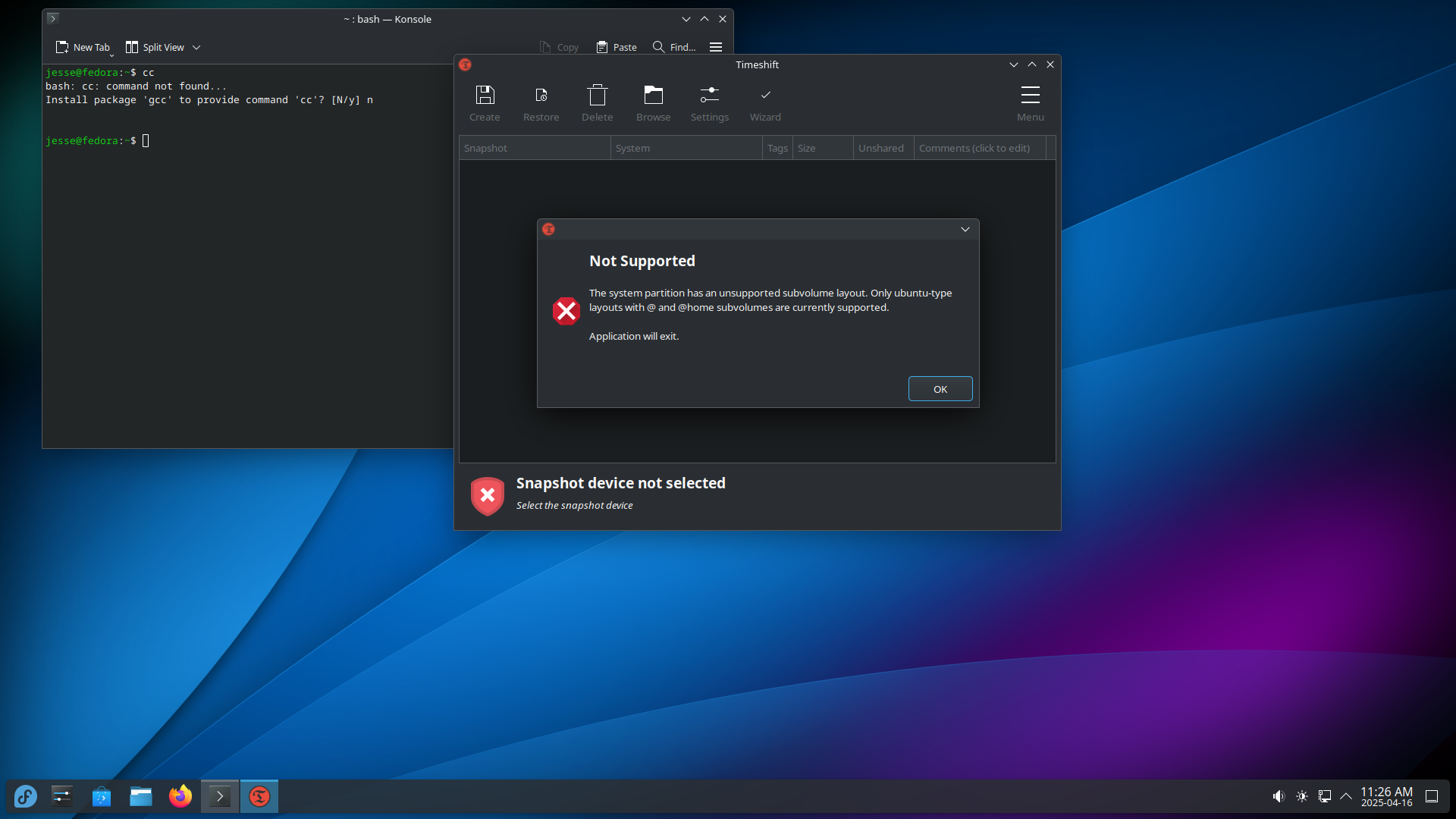 Fedora desktop screenshot: 42 timeshift