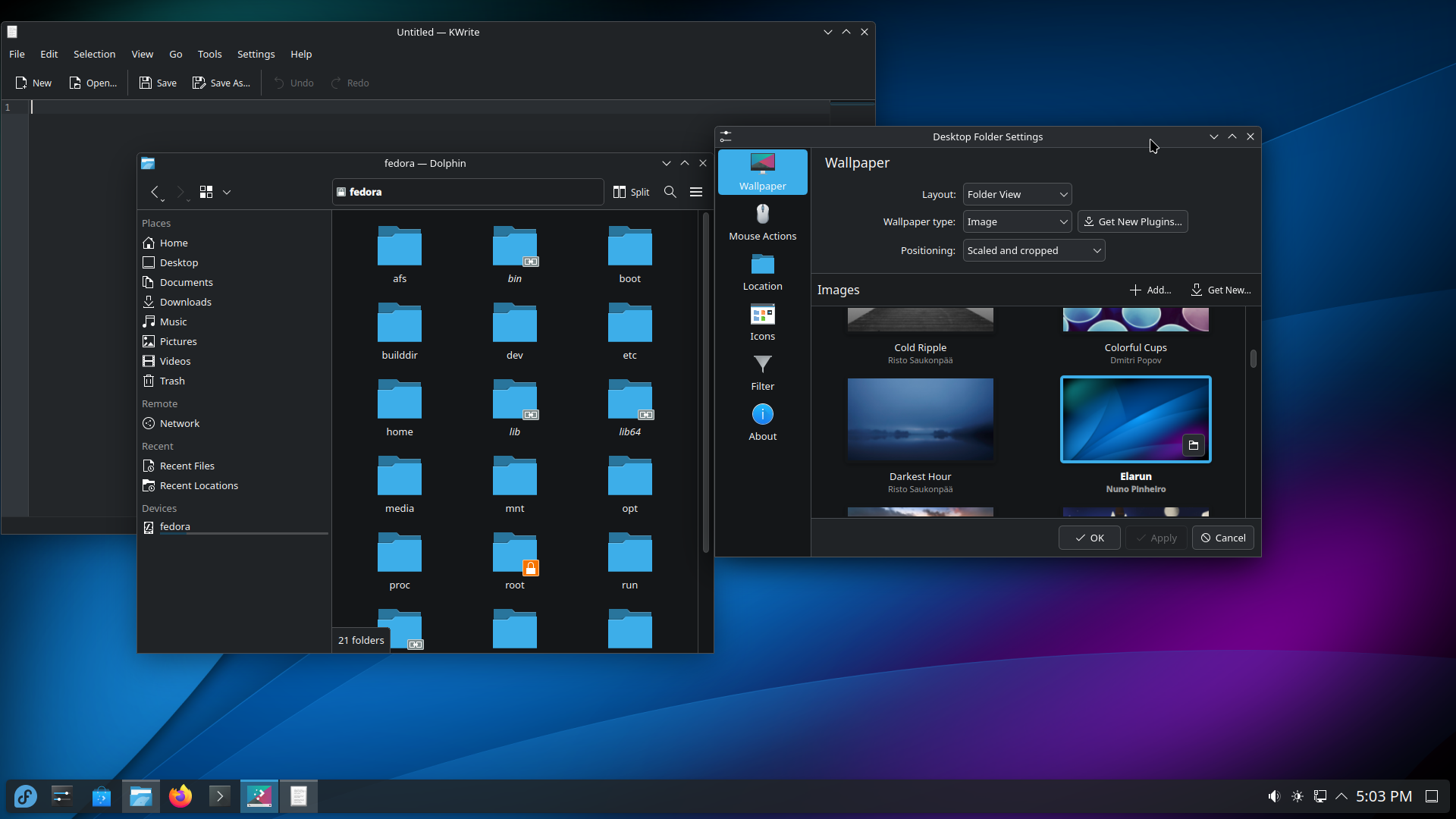 Fedora desktop screenshot: 43 dark