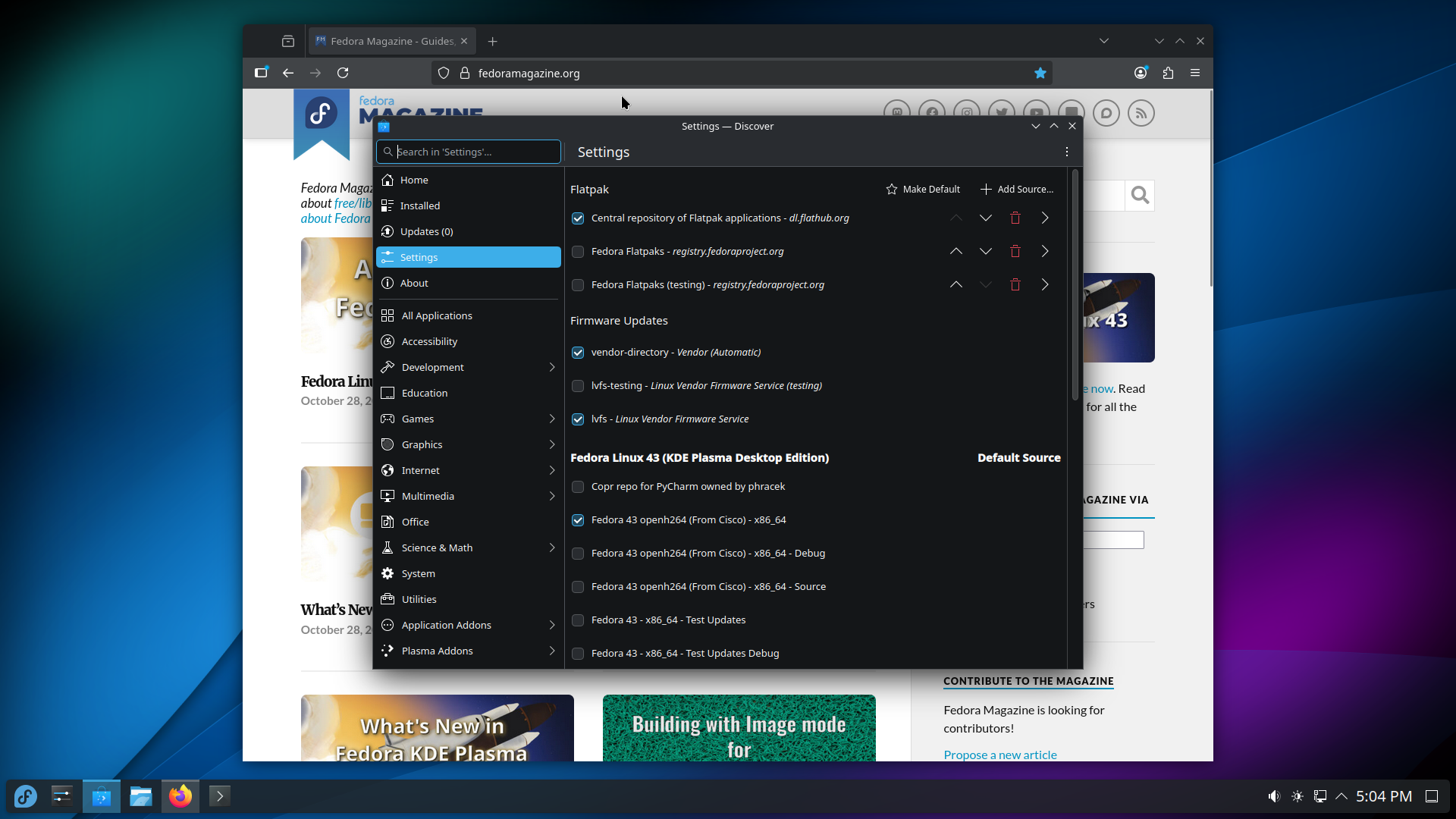Fedora desktop screenshot: 43 discover options