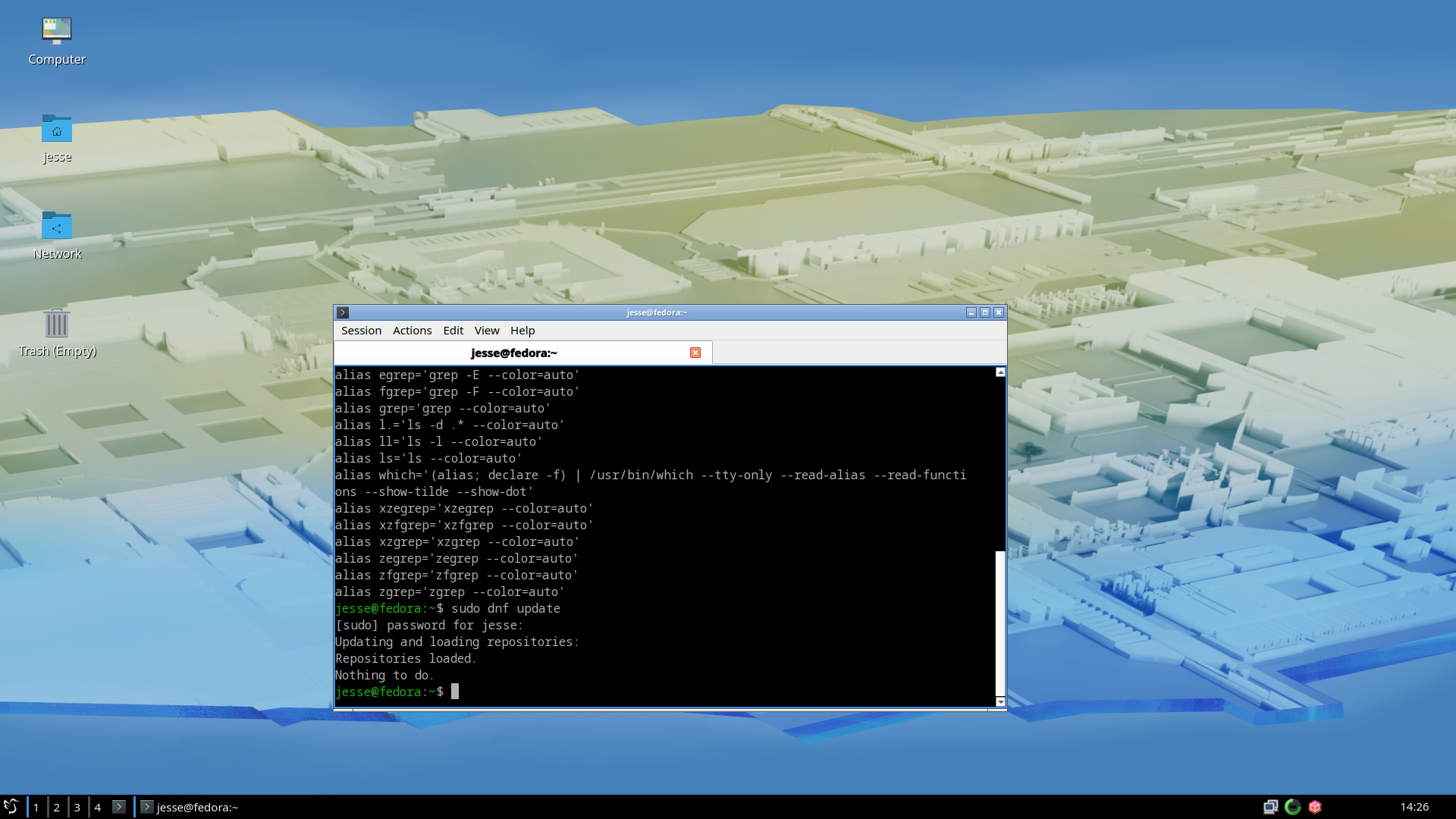 Fedora desktop screenshot: 44 dnf
