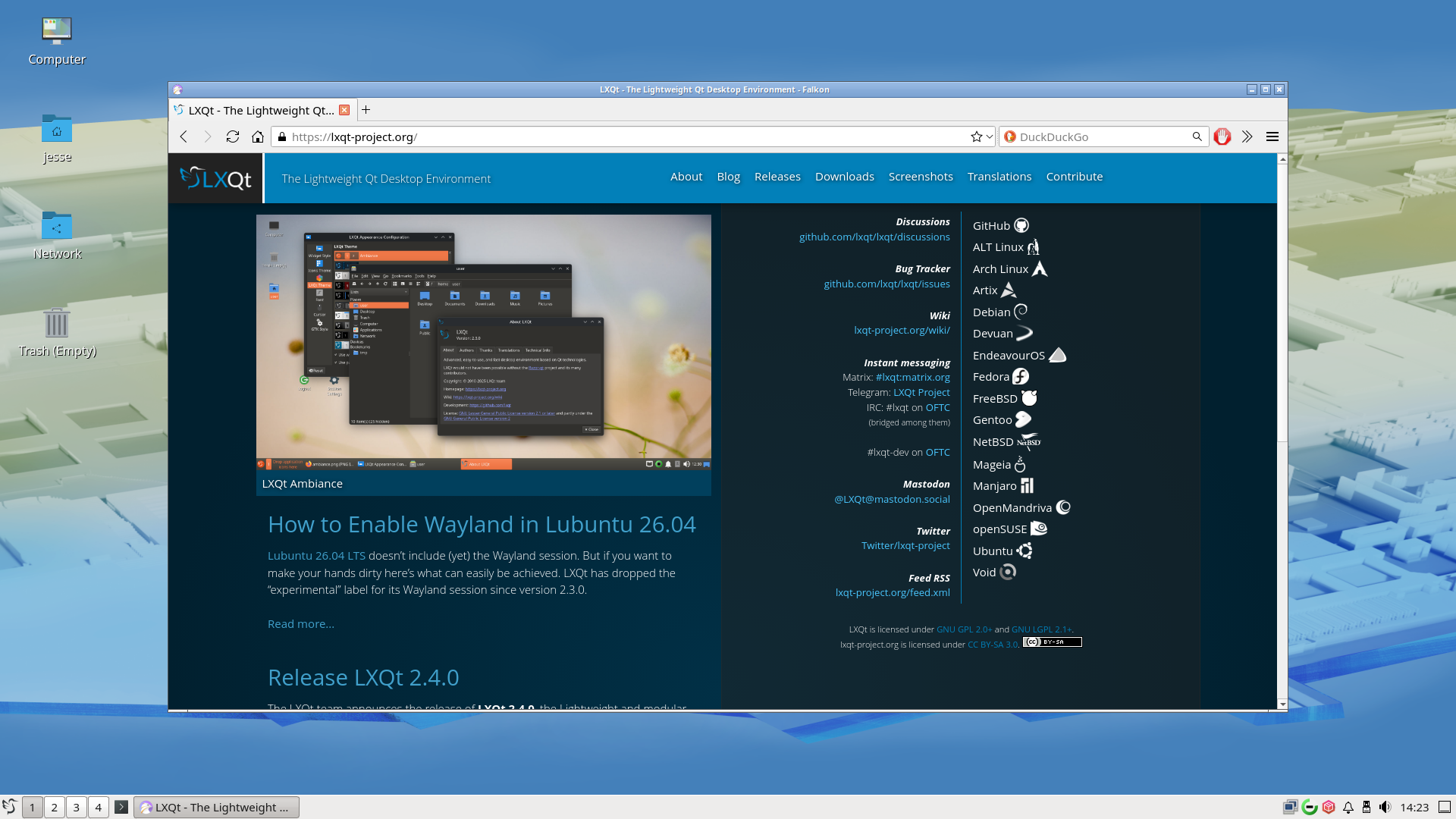 Fedora desktop screenshot: 44 falkon