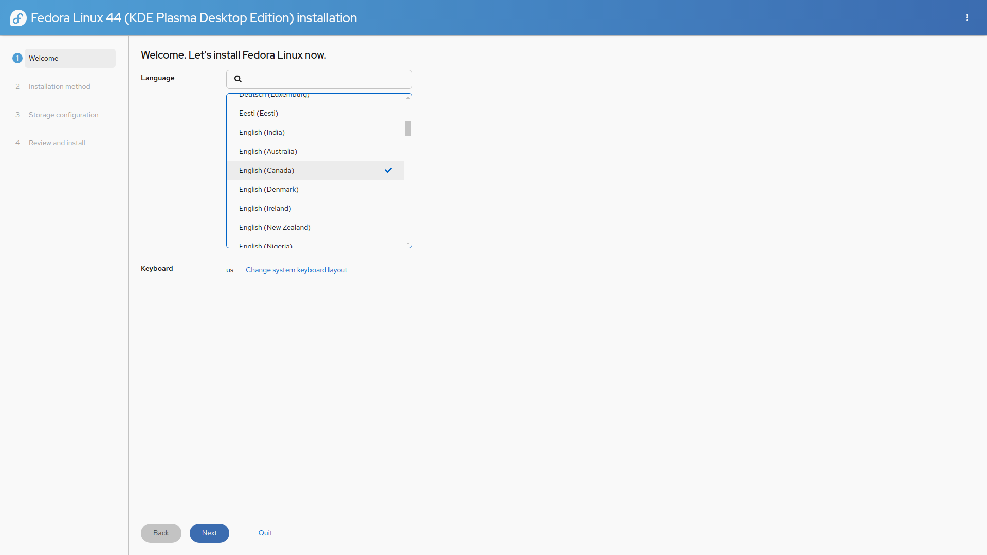 Fedora desktop screenshot: 44 installer