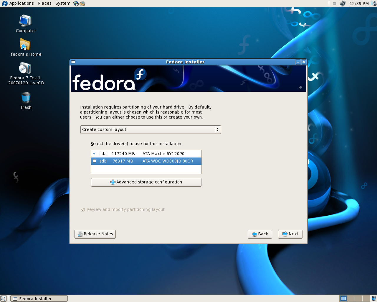 Fedora desktop screenshot: 7 test1