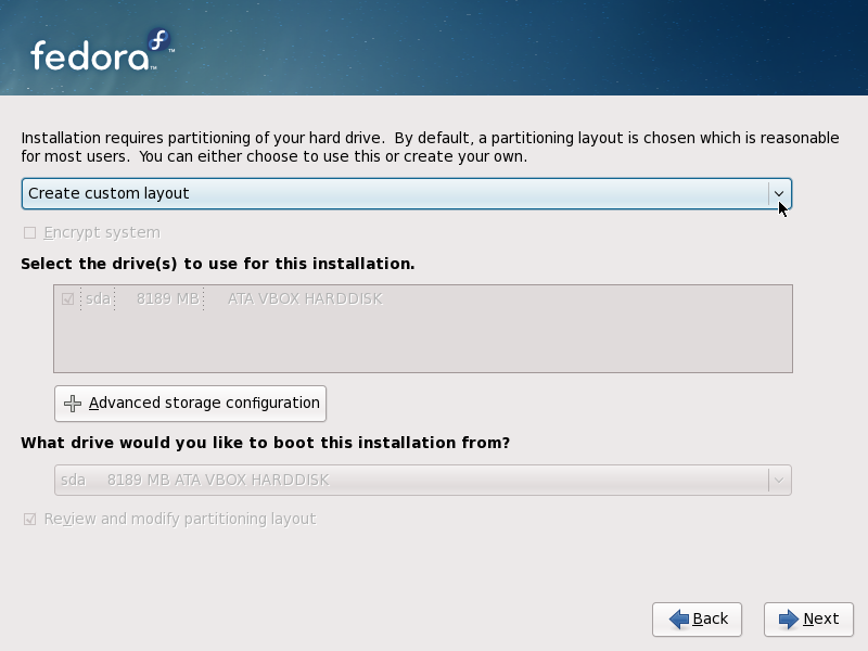 Fedora desktop screenshot: lvm install 01