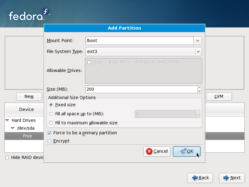 Fedora desktop screenshot: lvm install 02