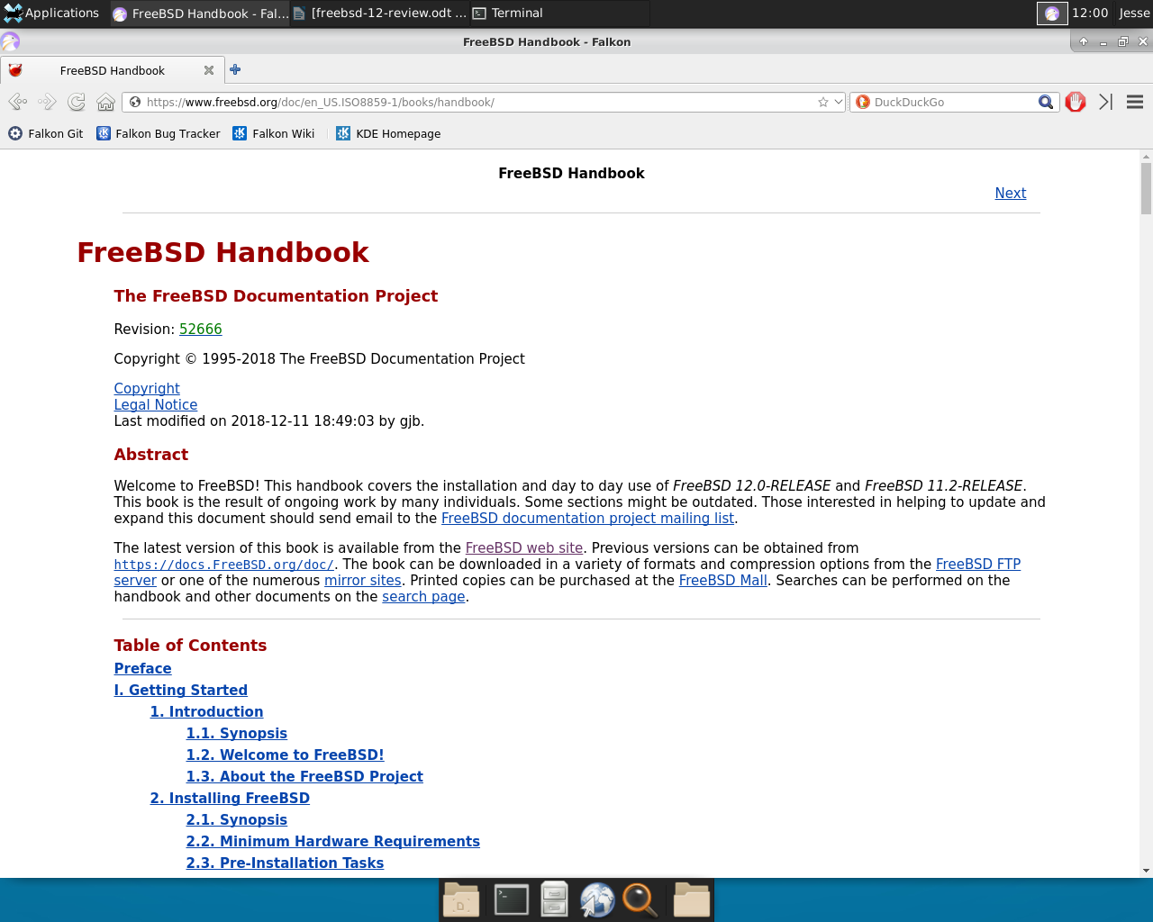 FreeBSD desktop screenshot: 12.0 handbook