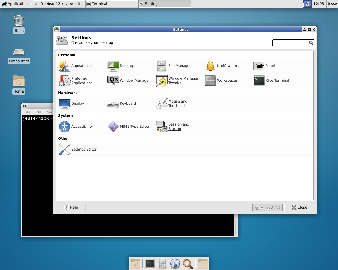 FreeBSD desktop screenshot: 12.0 settings