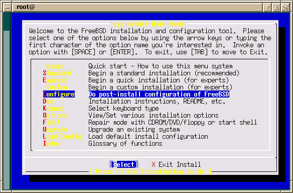 FreeBSD desktop screenshot: postinstall