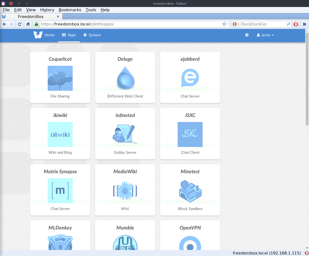 FreedomBox desktop screenshot: 2019 07 10 apps