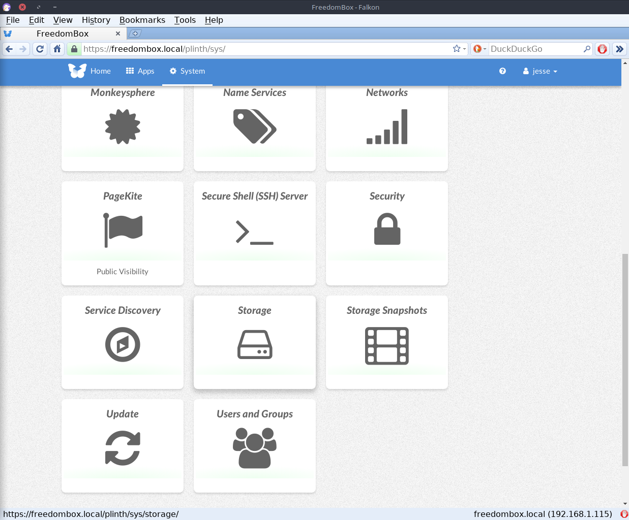 FreedomBox desktop screenshot: 2019 07 10 system