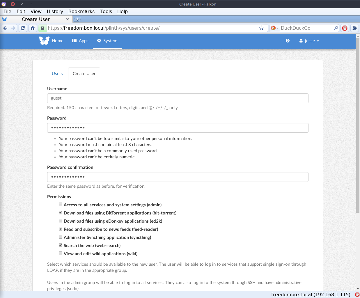 FreedomBox desktop screenshot: 2019 07 10 users