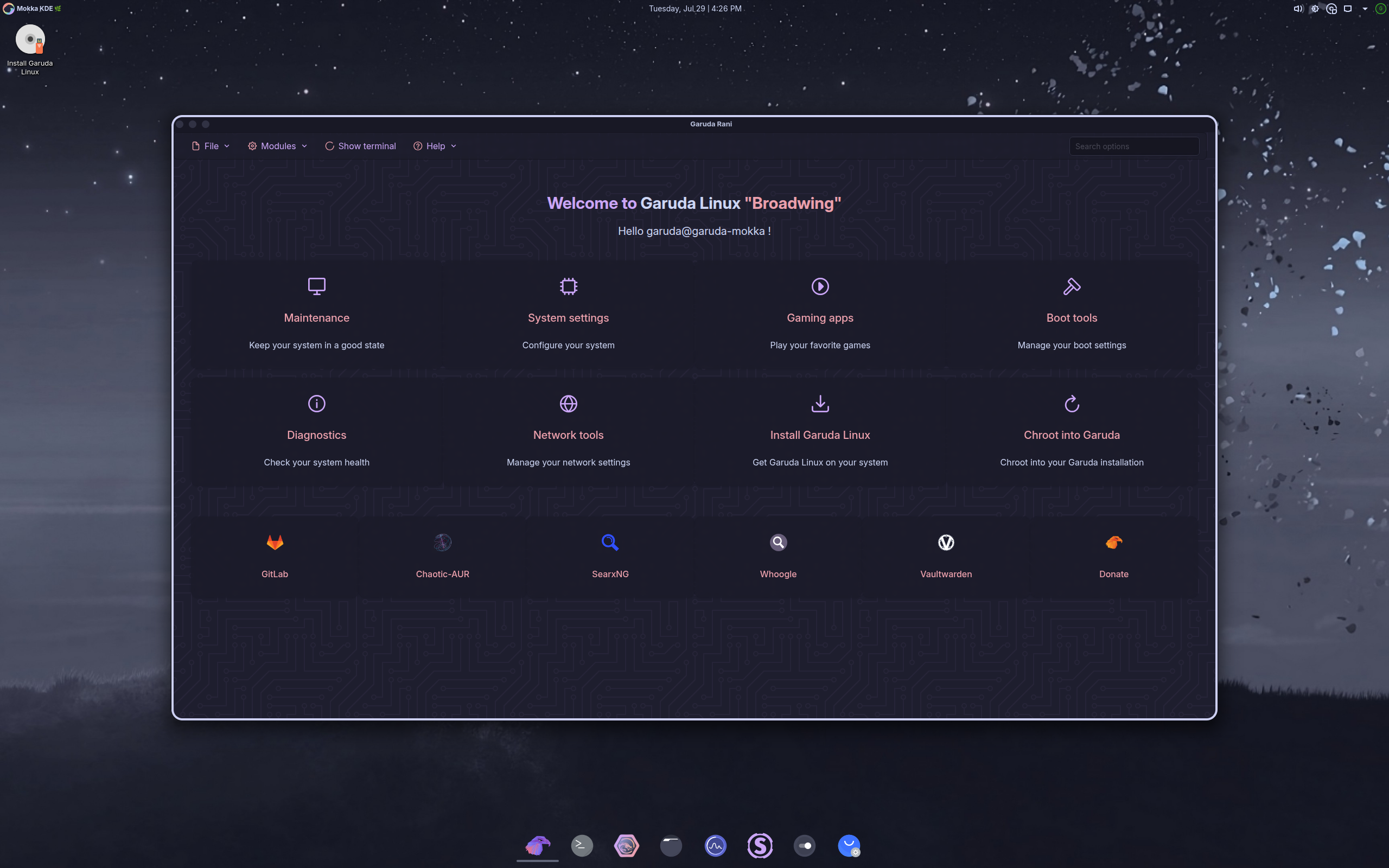 Garuda desktop screenshot: 250729