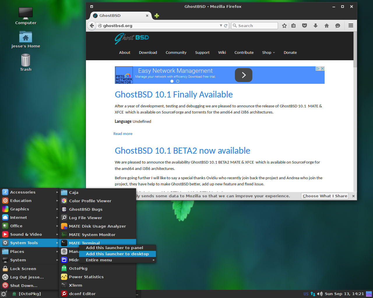 GhostBSD desktop screenshot: 10.1 purity layout