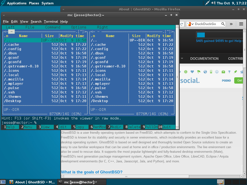 GhostBSD desktop screenshot: 4.0 midnightcommander