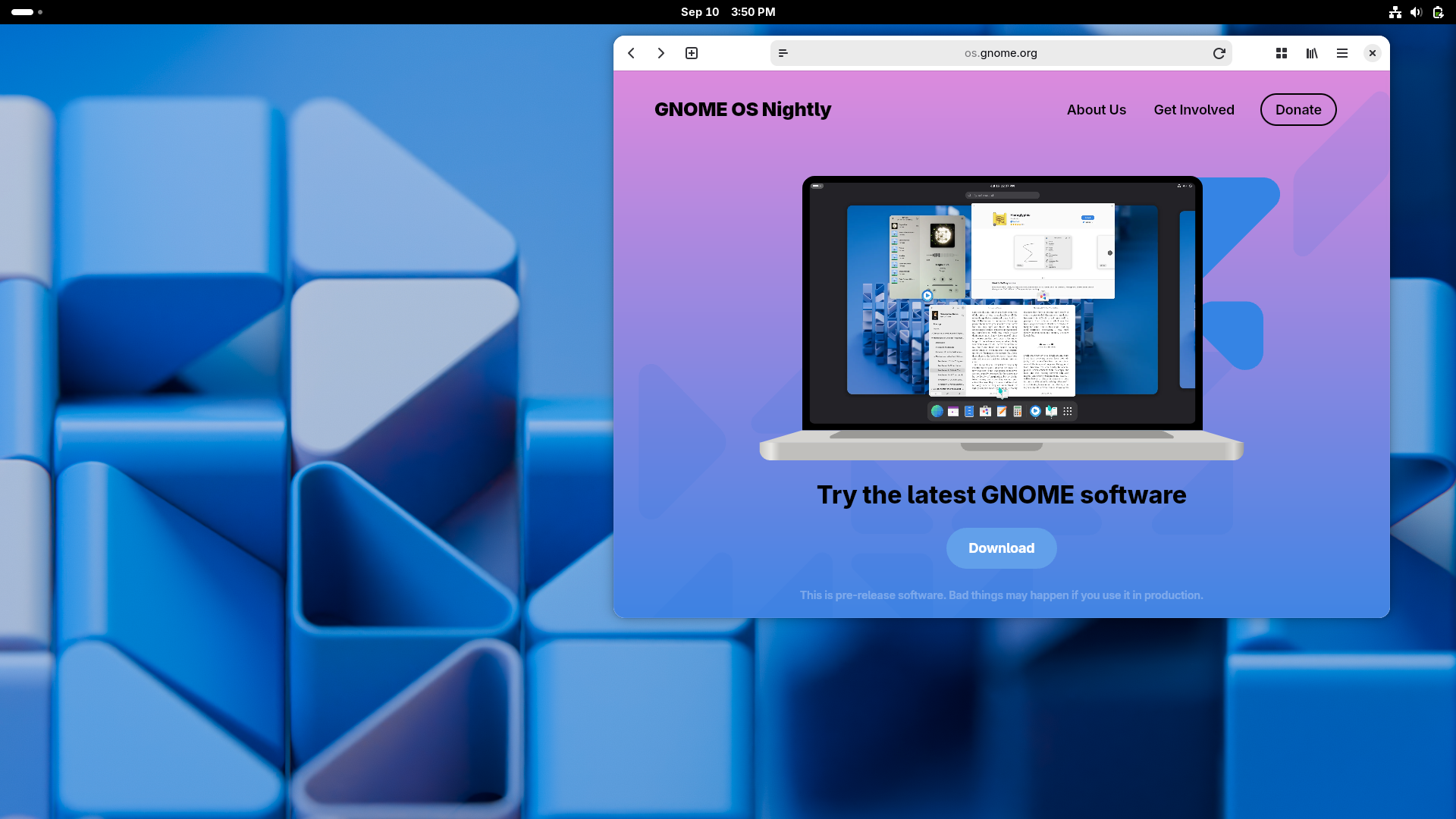 GNOME OS desktop screenshot: 49 epiphany