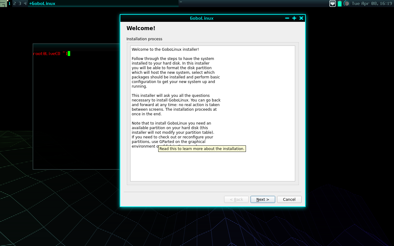 GoboLinux desktop screenshot: 017.01 installer