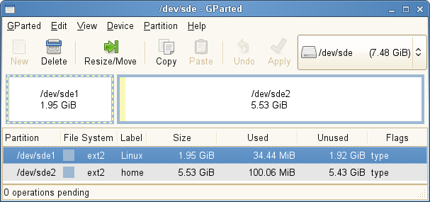GParted desktop screenshot: dual partitions