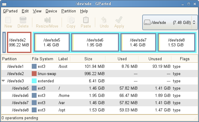 GParted desktop screenshot: partition extended