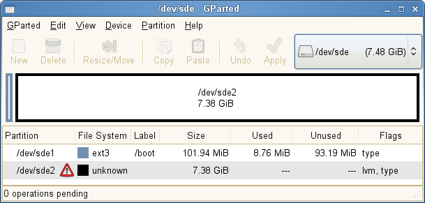 GParted desktop screenshot: partition lvm