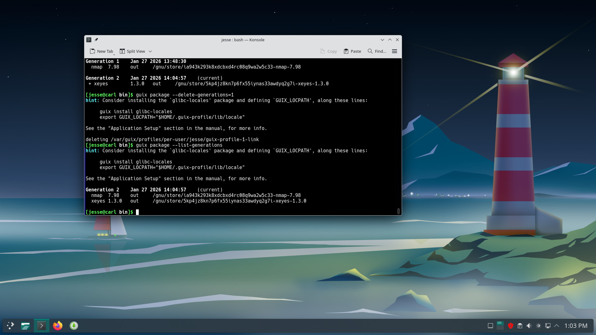 Guix System desktop screenshot: 1.5.0 generations