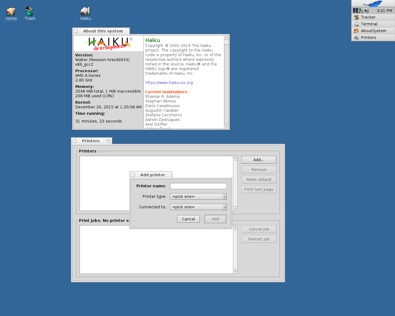 Haiku desktop screenshot: 2016 about