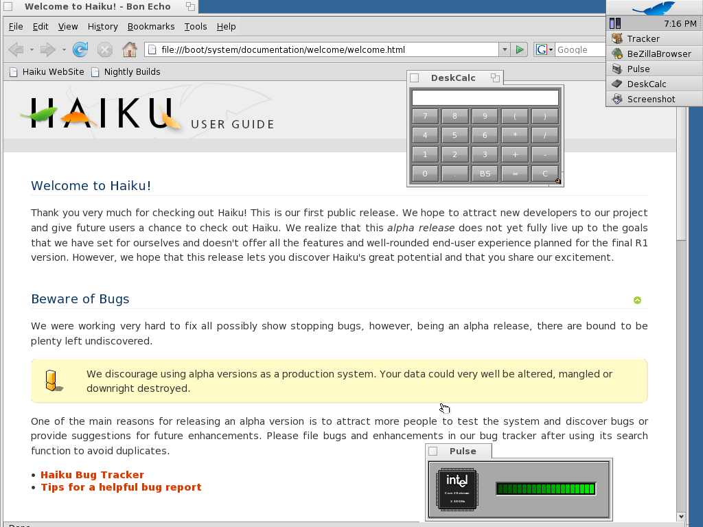 Haiku desktop screenshot: alpha apps