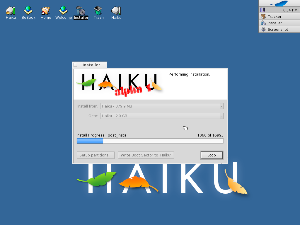 Haiku desktop screenshot: alpha installer