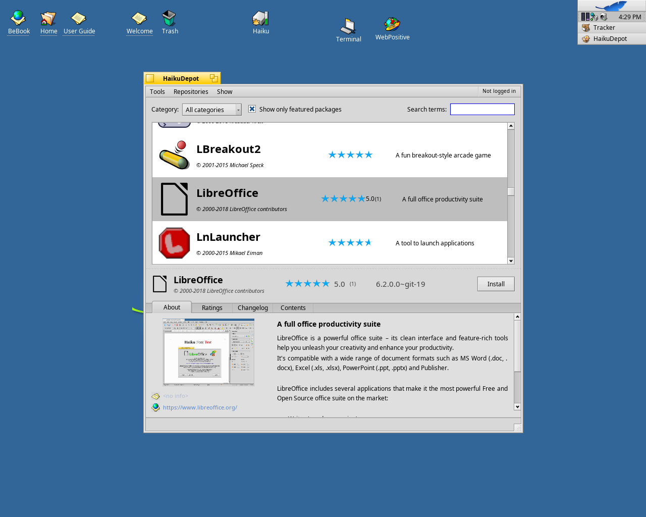 Haiku desktop screenshot: r1 beta1 depot