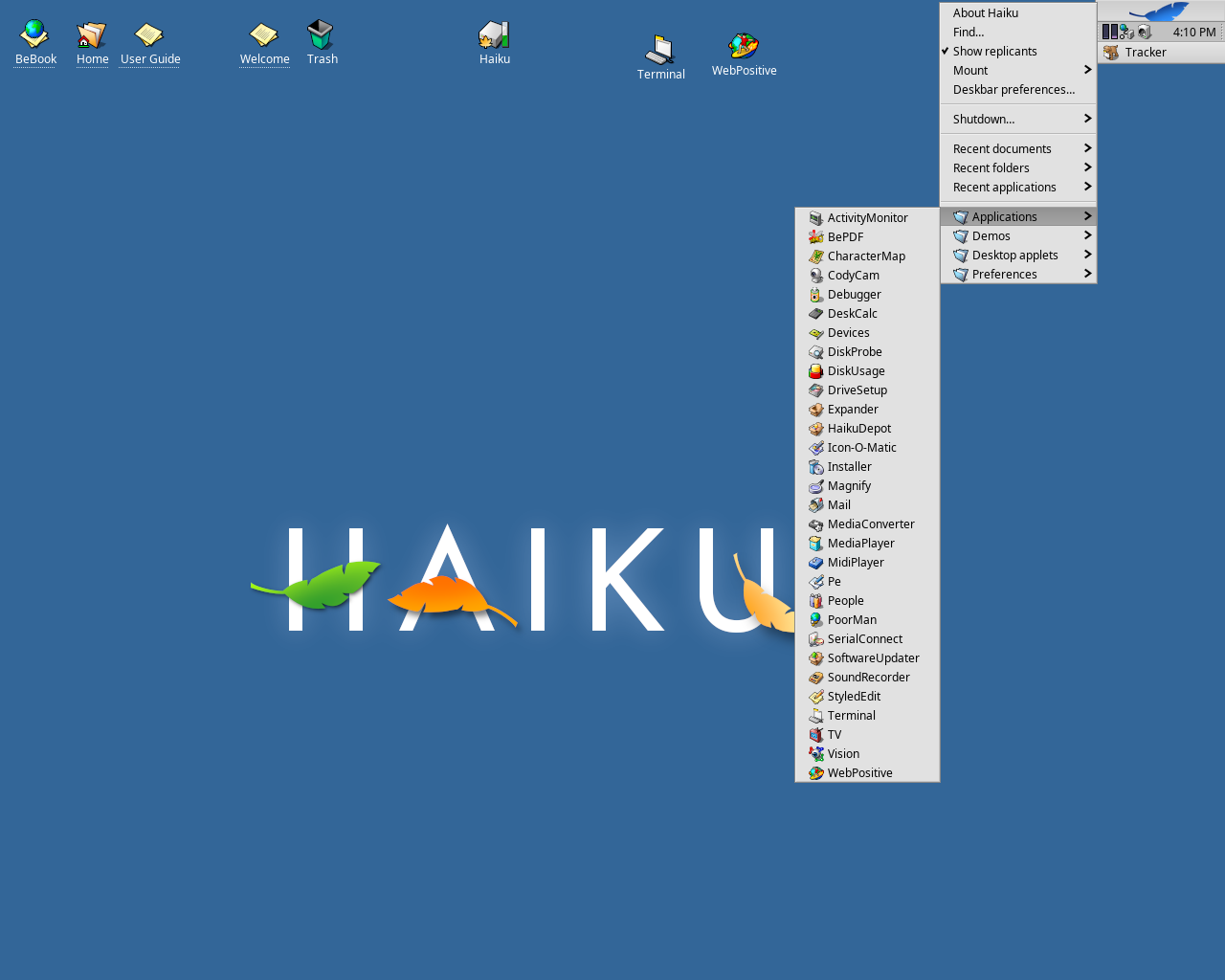 Haiku desktop screenshot: r1 beta1 menu
