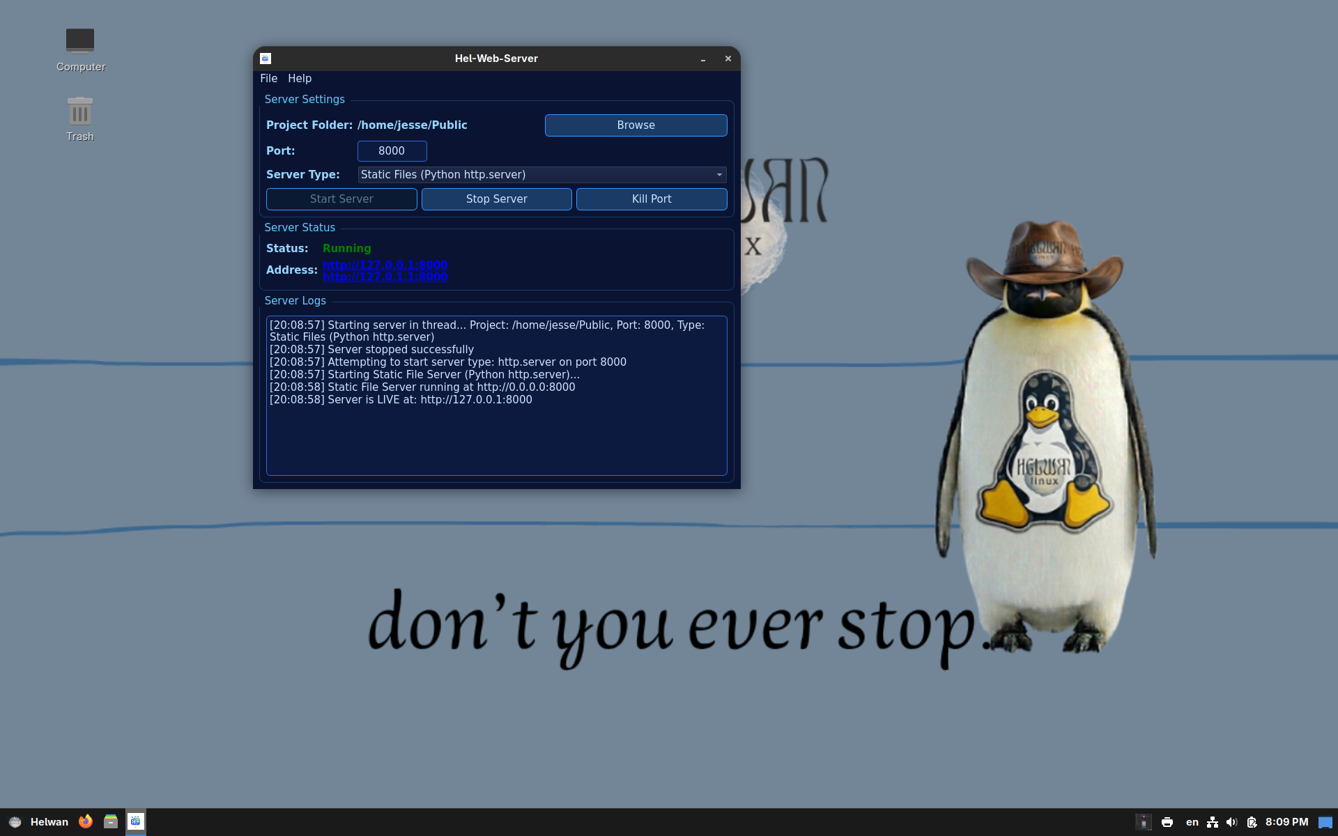 Helwan desktop screenshot: 5.0 web server