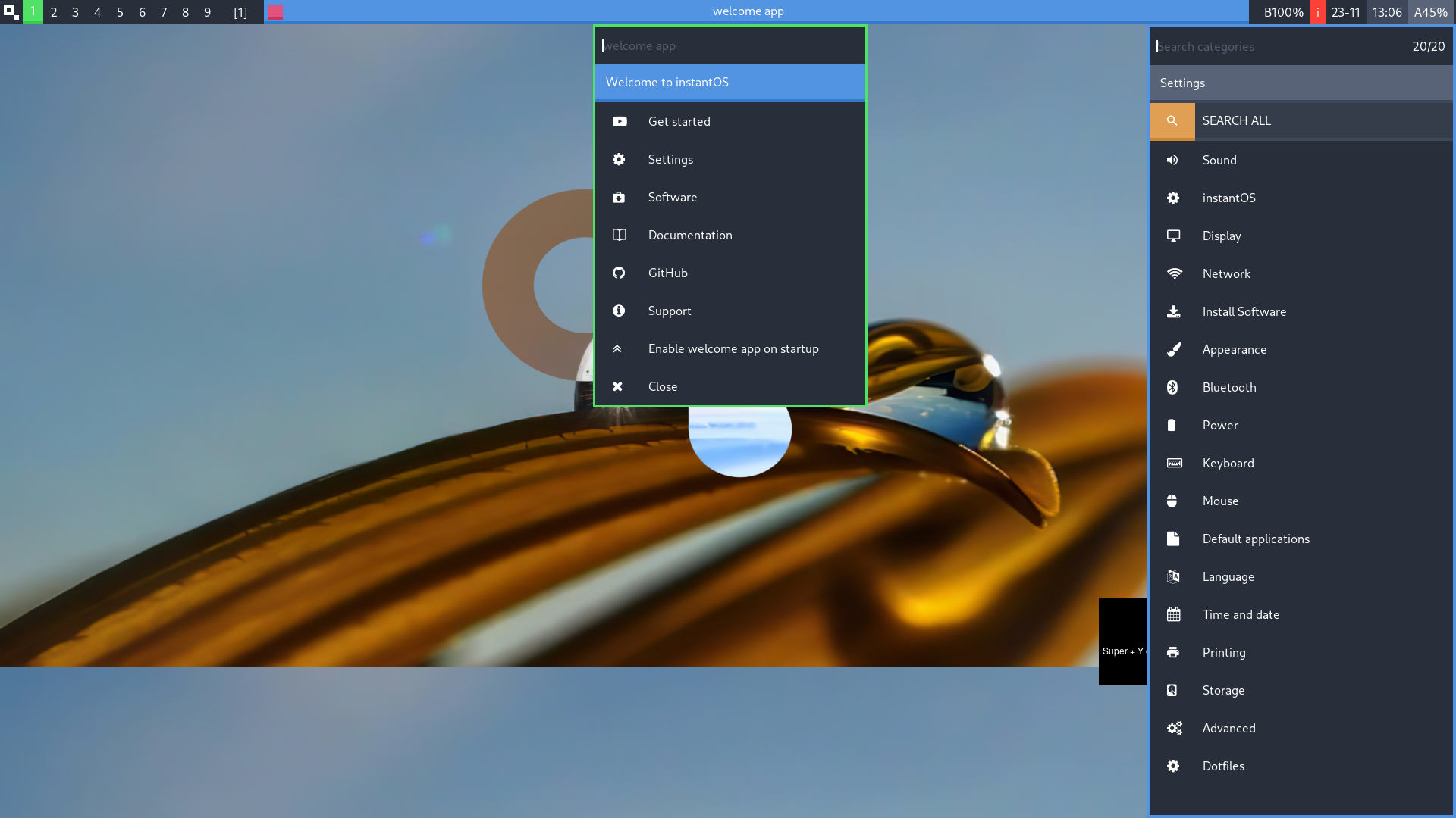 instantOS desktop screenshot: beta6 welcome windows settings