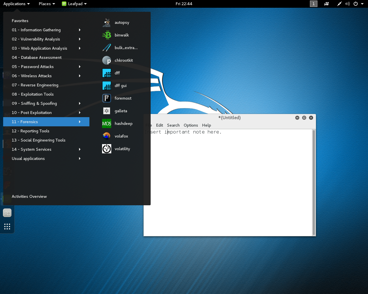 Kali desktop screenshot: 2016.1 menu