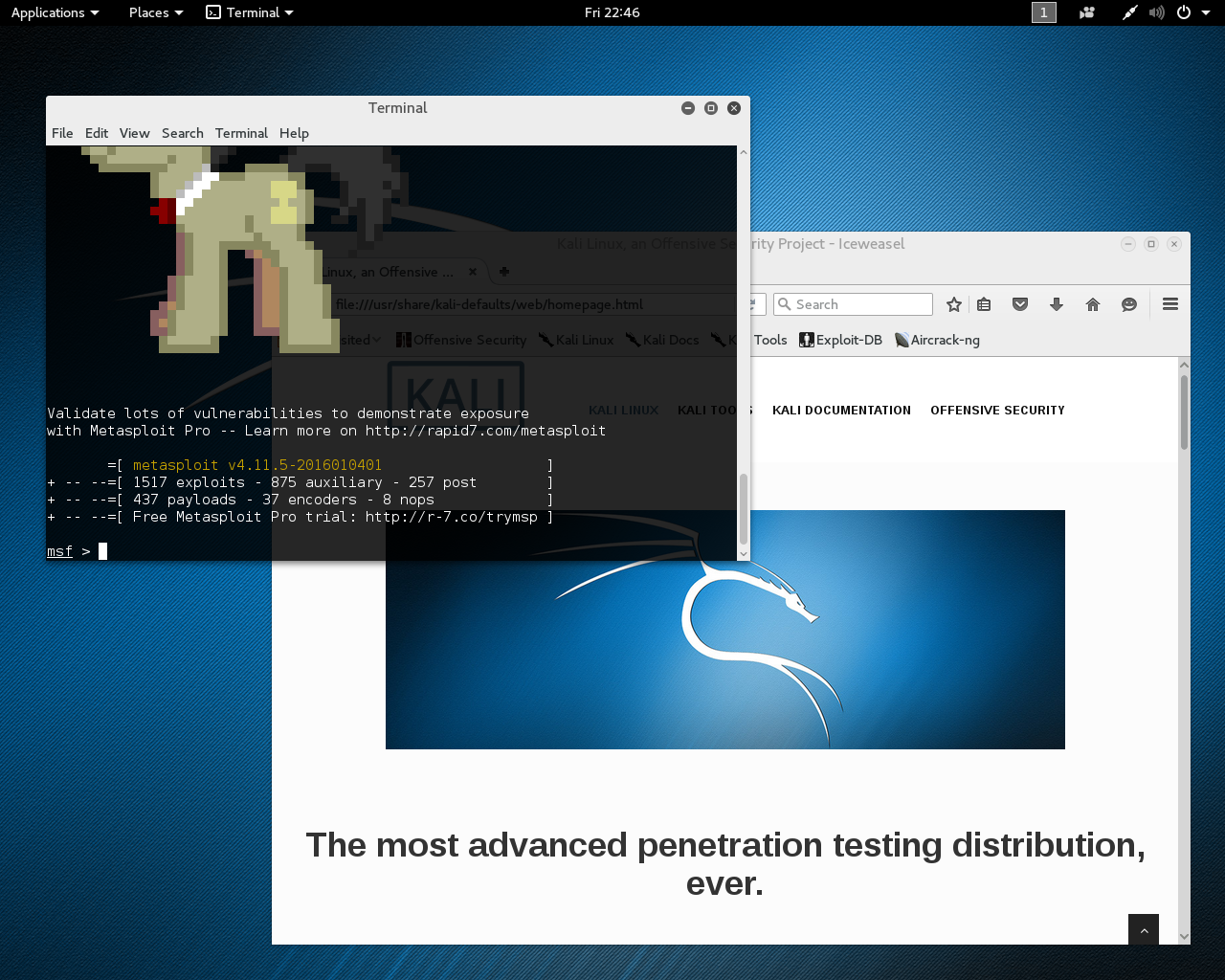 Kali desktop screenshot: 2016.1 metaploit
