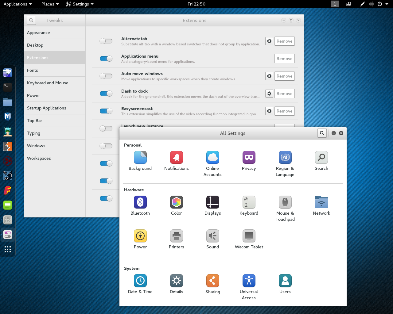 Kali desktop screenshot: 2016.1 settings