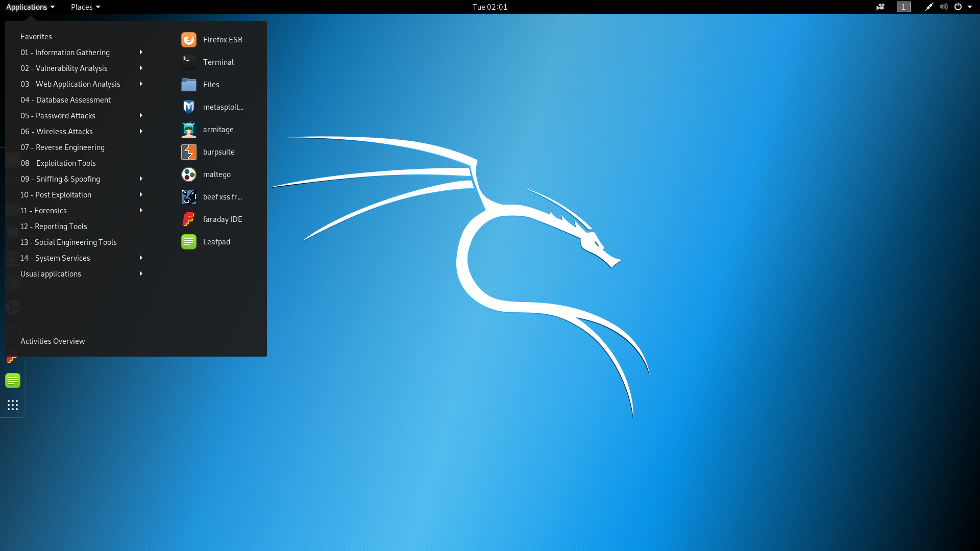 Kali desktop screenshot: 2018.4