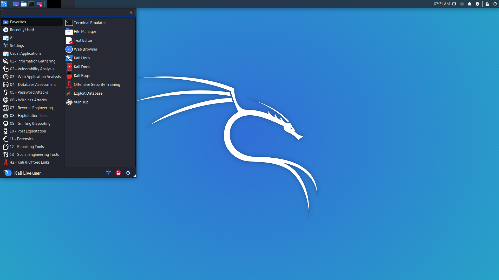 Kali desktop screenshot: 2020.1a