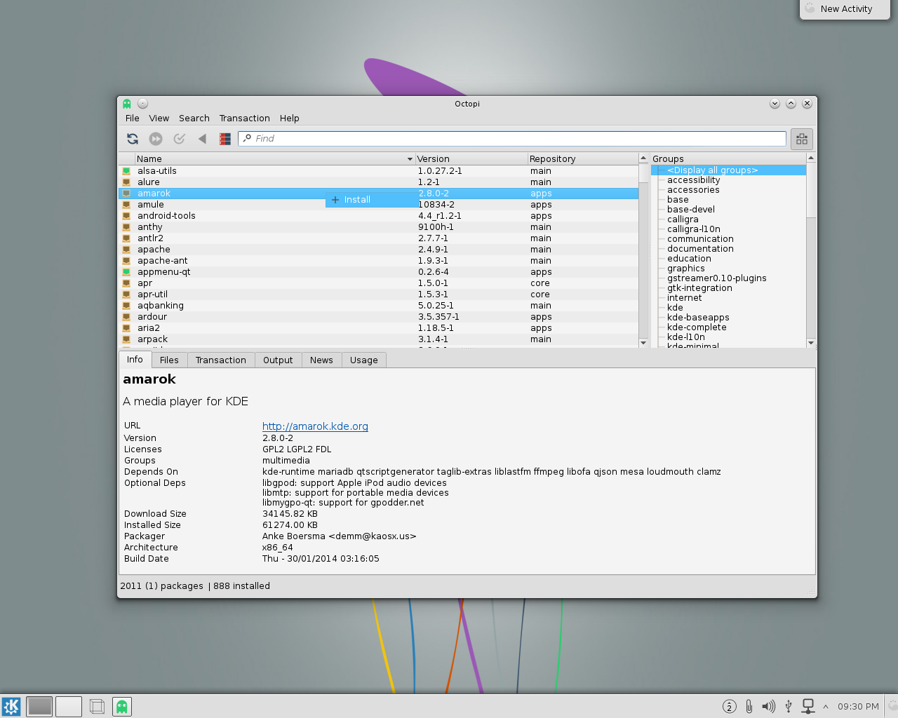 KaOS desktop screenshot: 2014.04 packages