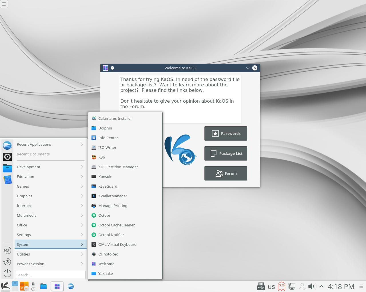 KaOS desktop screenshot: 2016.11