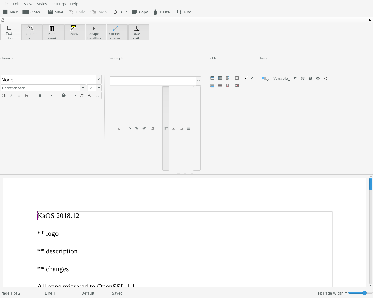 KaOS desktop screenshot: 2018.12 calligra