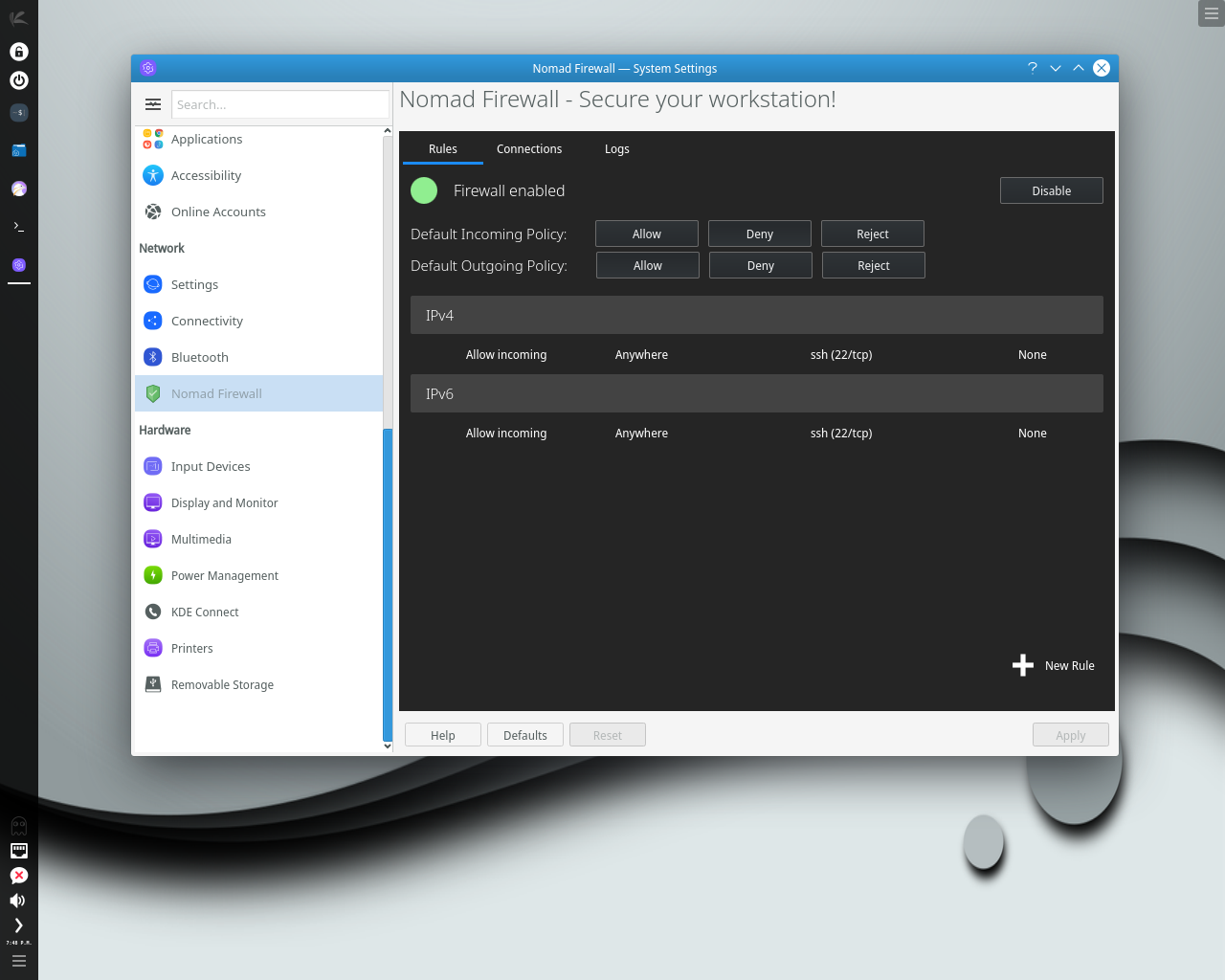 KaOS desktop screenshot: 2018.12 firewall