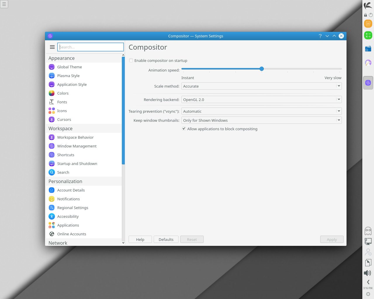 KaOS desktop screenshot: 2020.01 settings