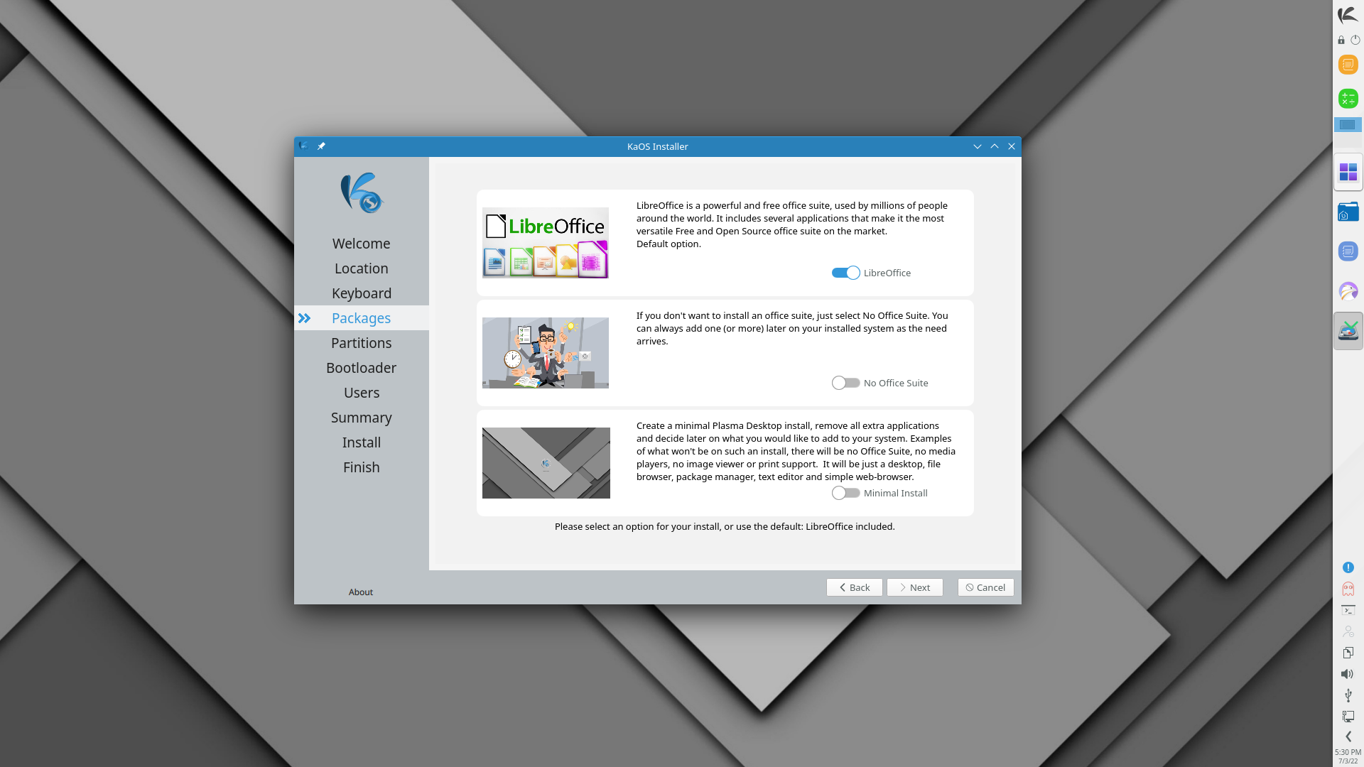 KaOS desktop screenshot: 2022.06 calamares