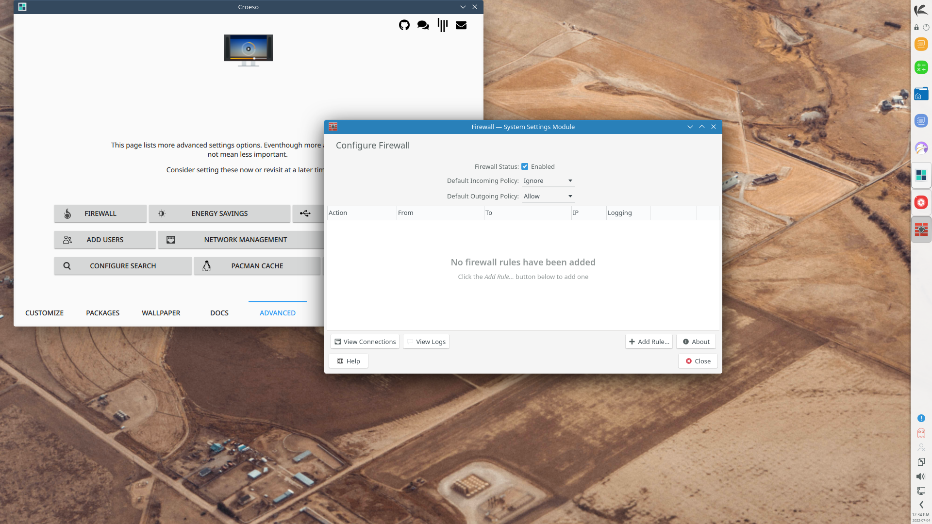 KaOS desktop screenshot: 2022.06 firewall