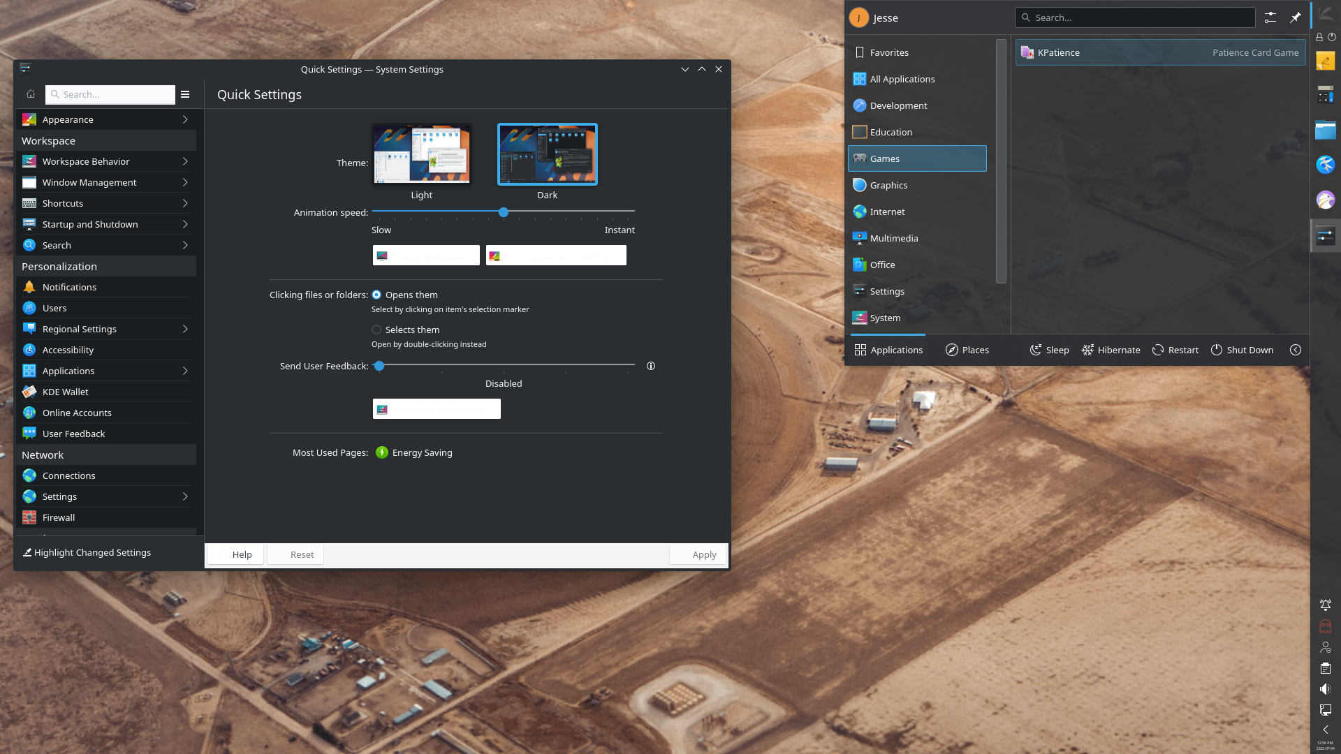 KaOS desktop screenshot: 2022.06 menu